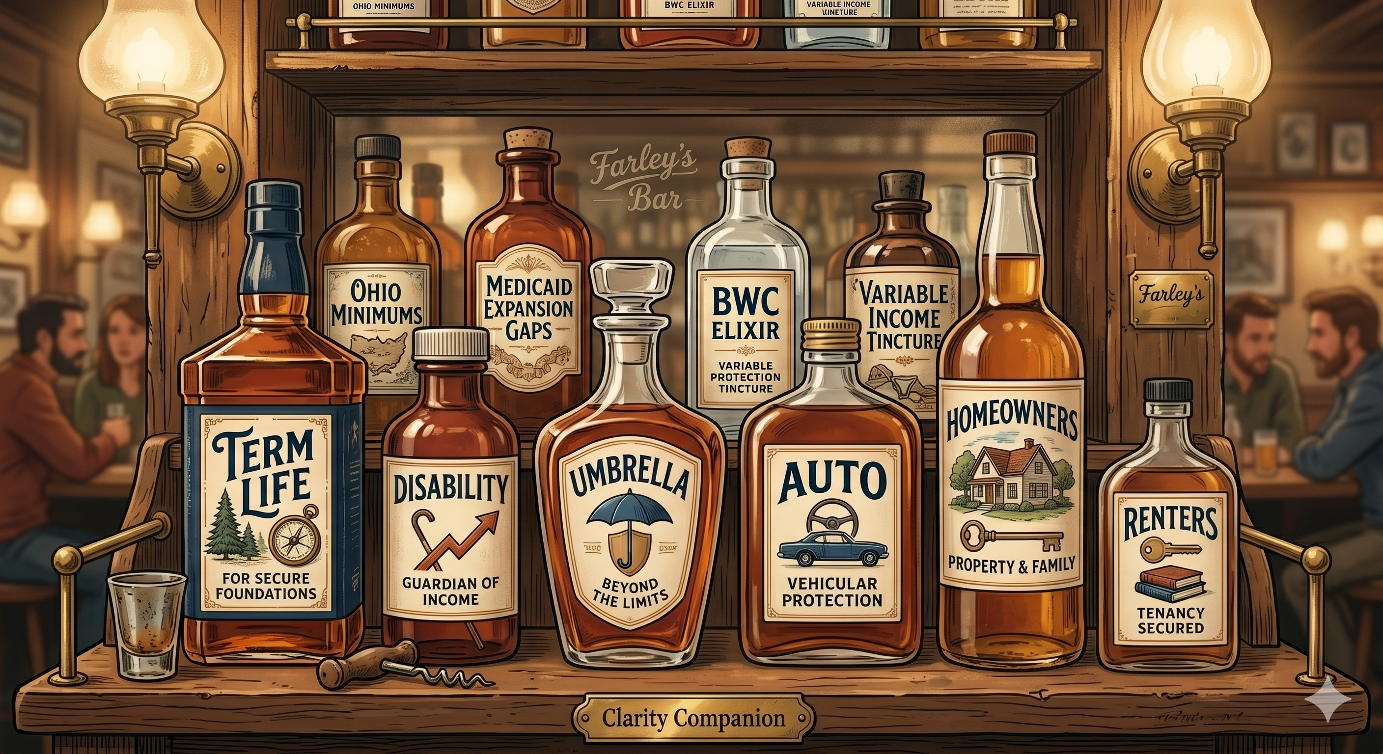 Farley's bar shelf — insurance topics on tap